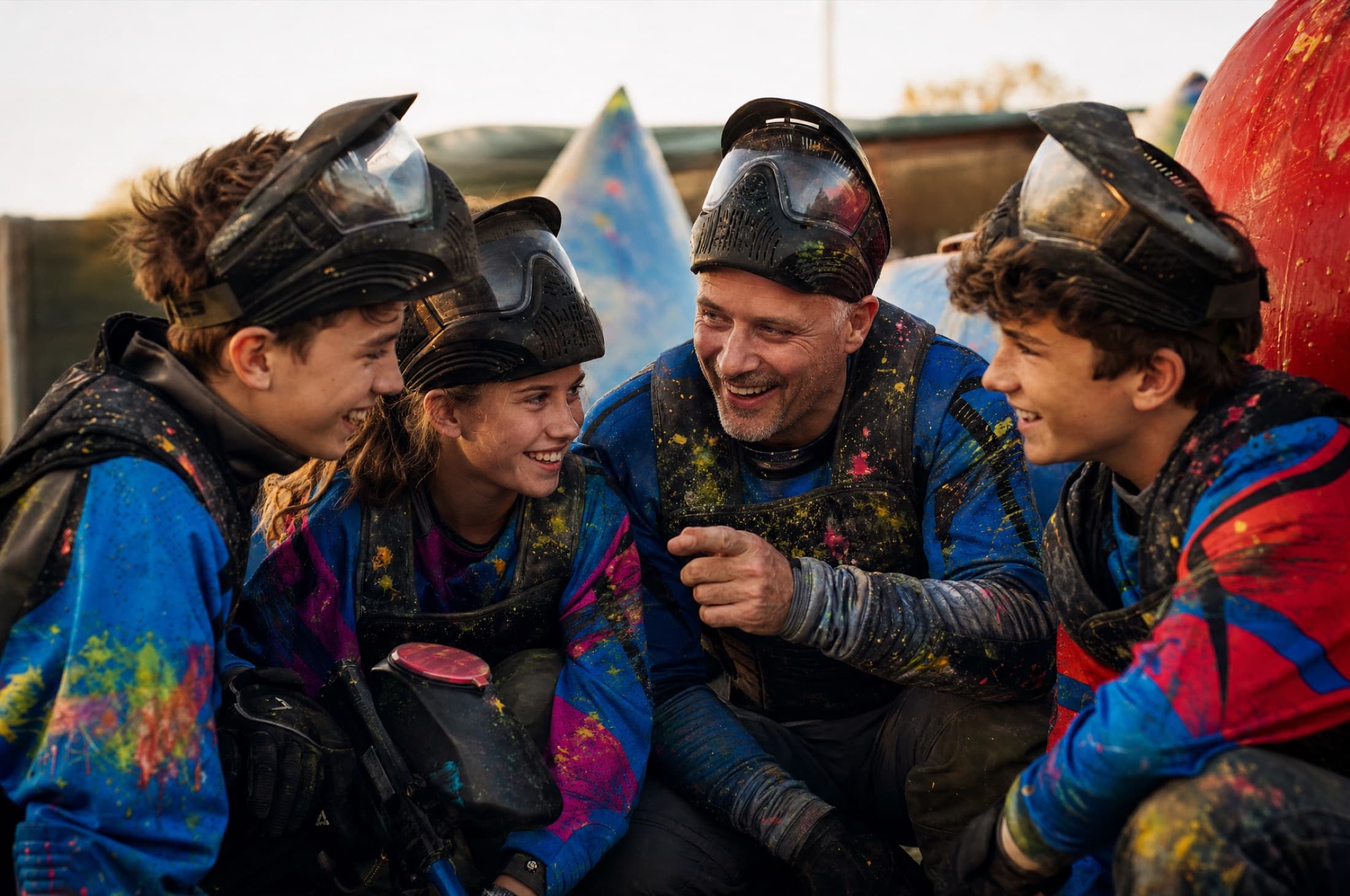 A family paintball squad in masks and gear, huddled up planning their next move