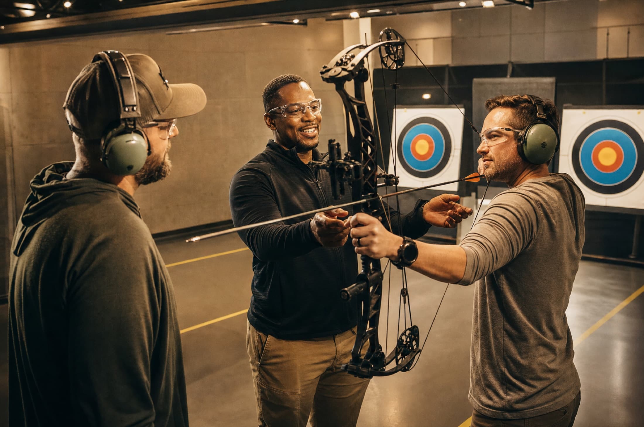 A father at an indoor range with safety gear on, getting pointers from an instructor