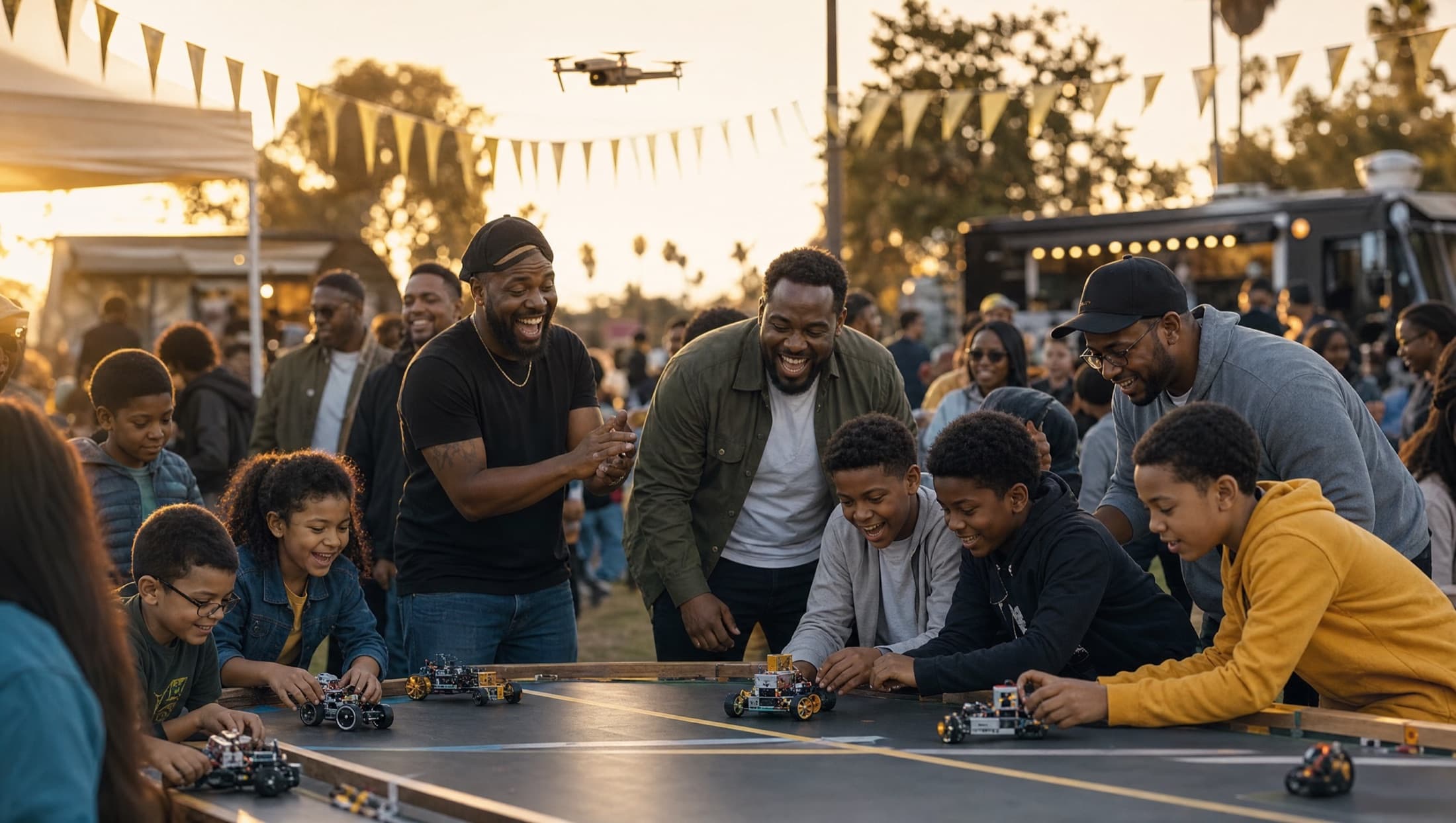 Families at a Forever Forward festival at golden hour, kids racing robots while fathers cheer