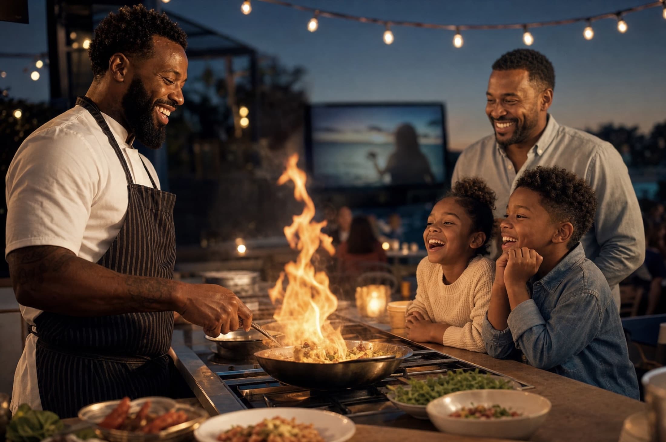 A joyful chef flame-searing a dish at an outdoor event kitchen while kids watch in delight