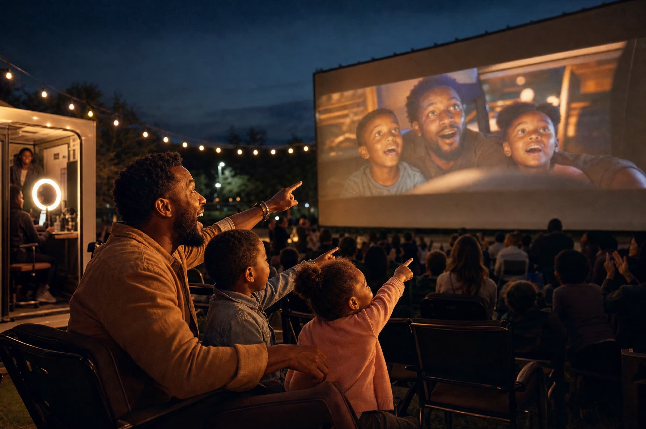 A father and his kids laughing as their own faces appear inside a movie scene on the giant outdoor screen