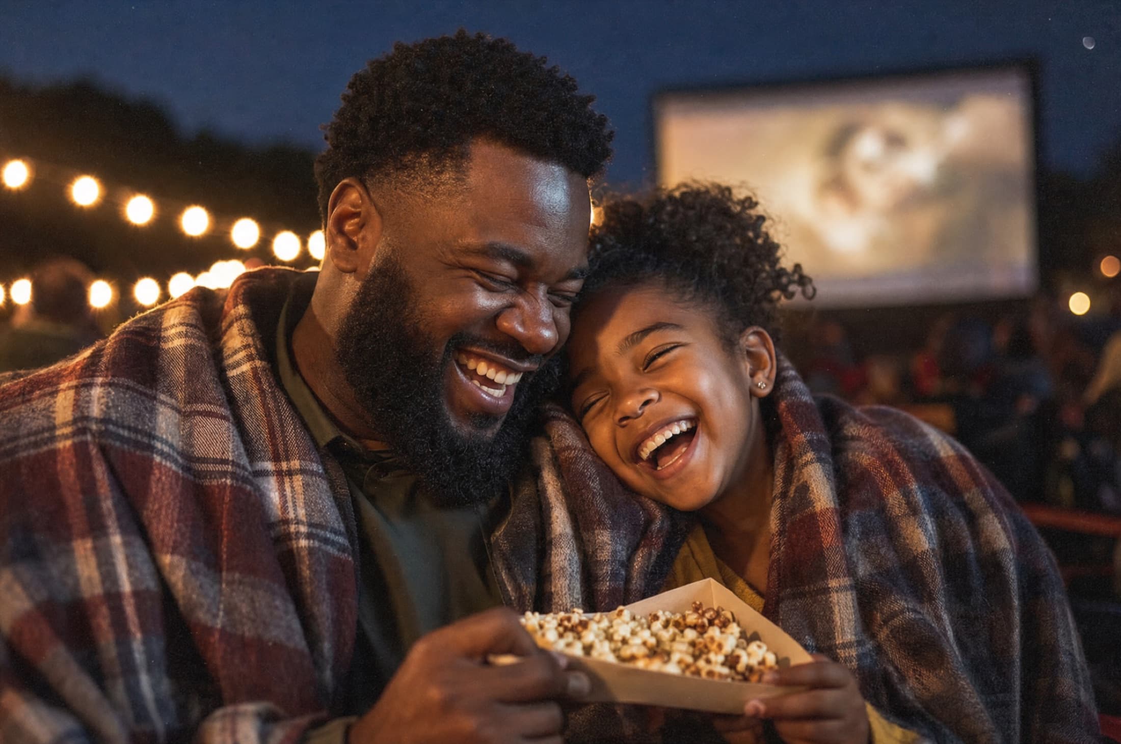 A father and daughter wrapped in one blanket, laughing over popcorn in the glow of the movie screen