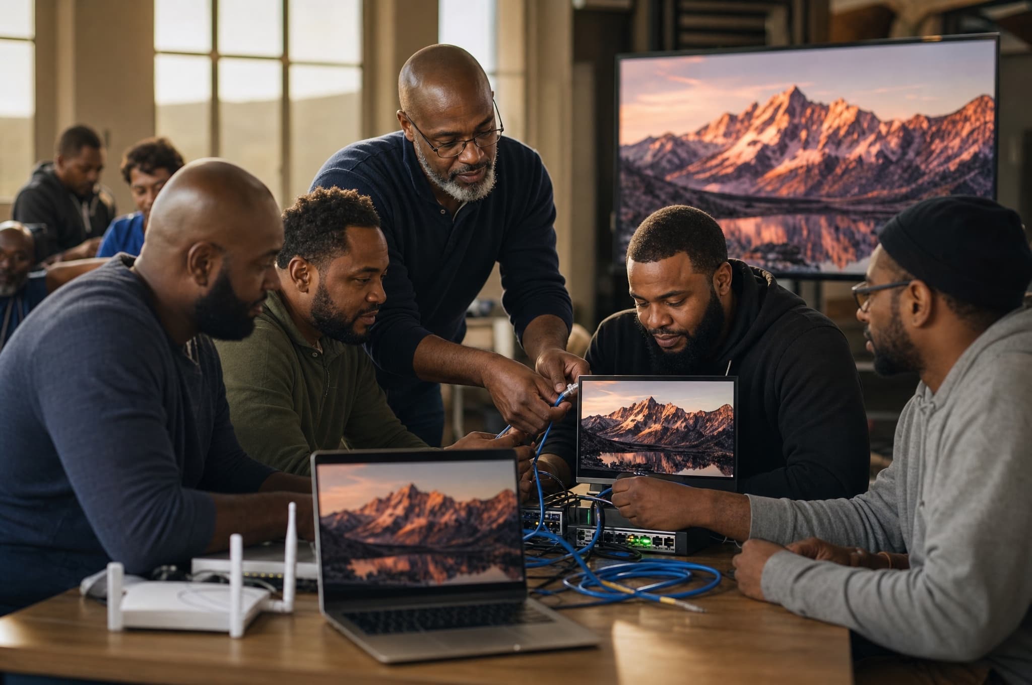 Black fathers building network cables and a demo rig with synced displays