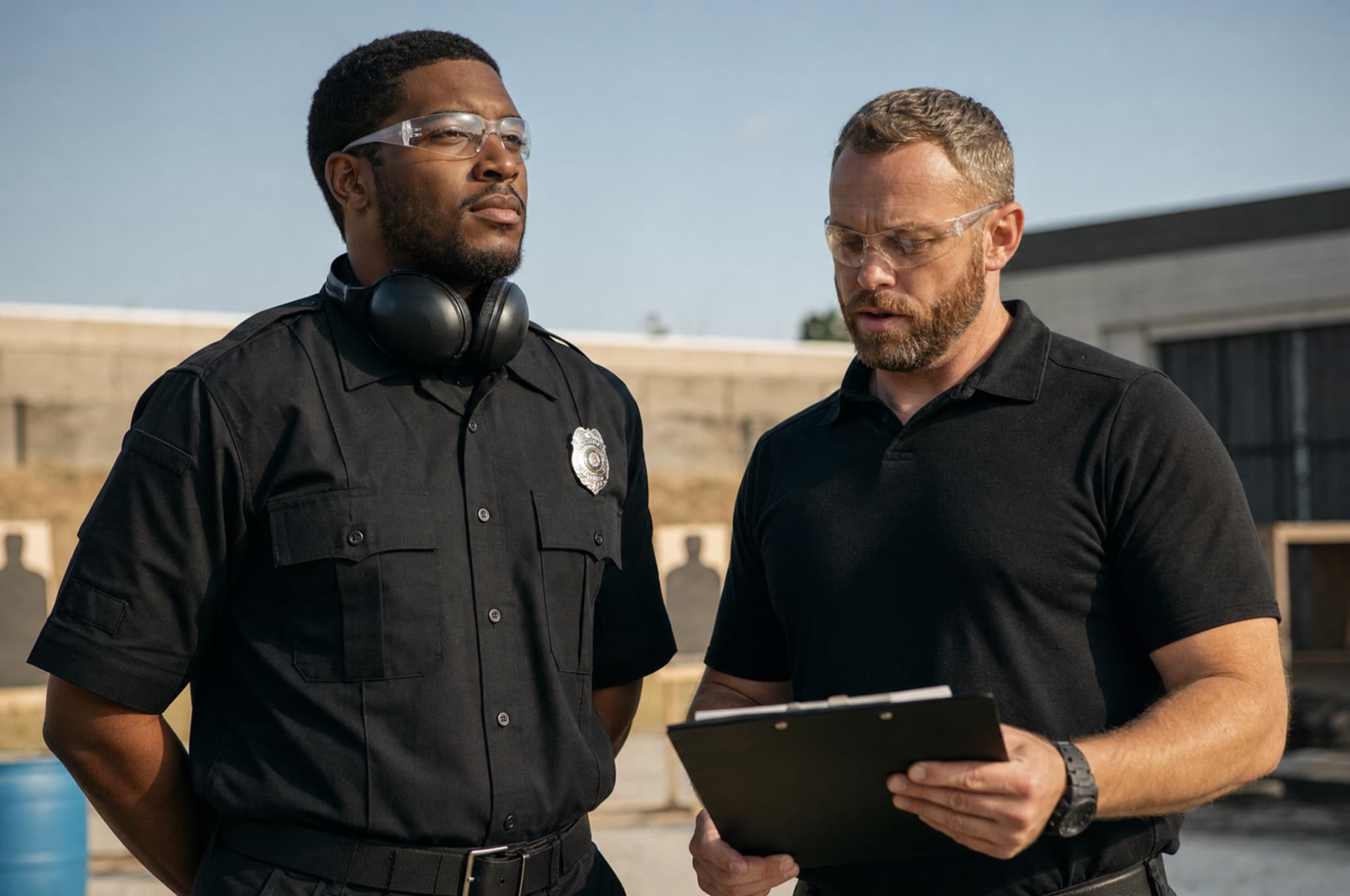 A proud man in a security uniform with safety glasses beside a certified instructor at a range