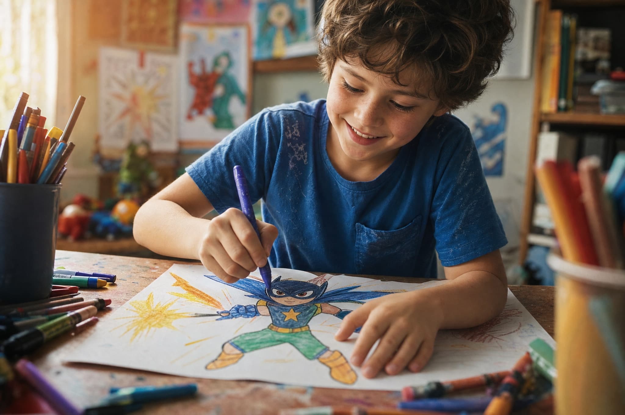 A kid joyfully drawing and coloring their own original hero character at a craft table
