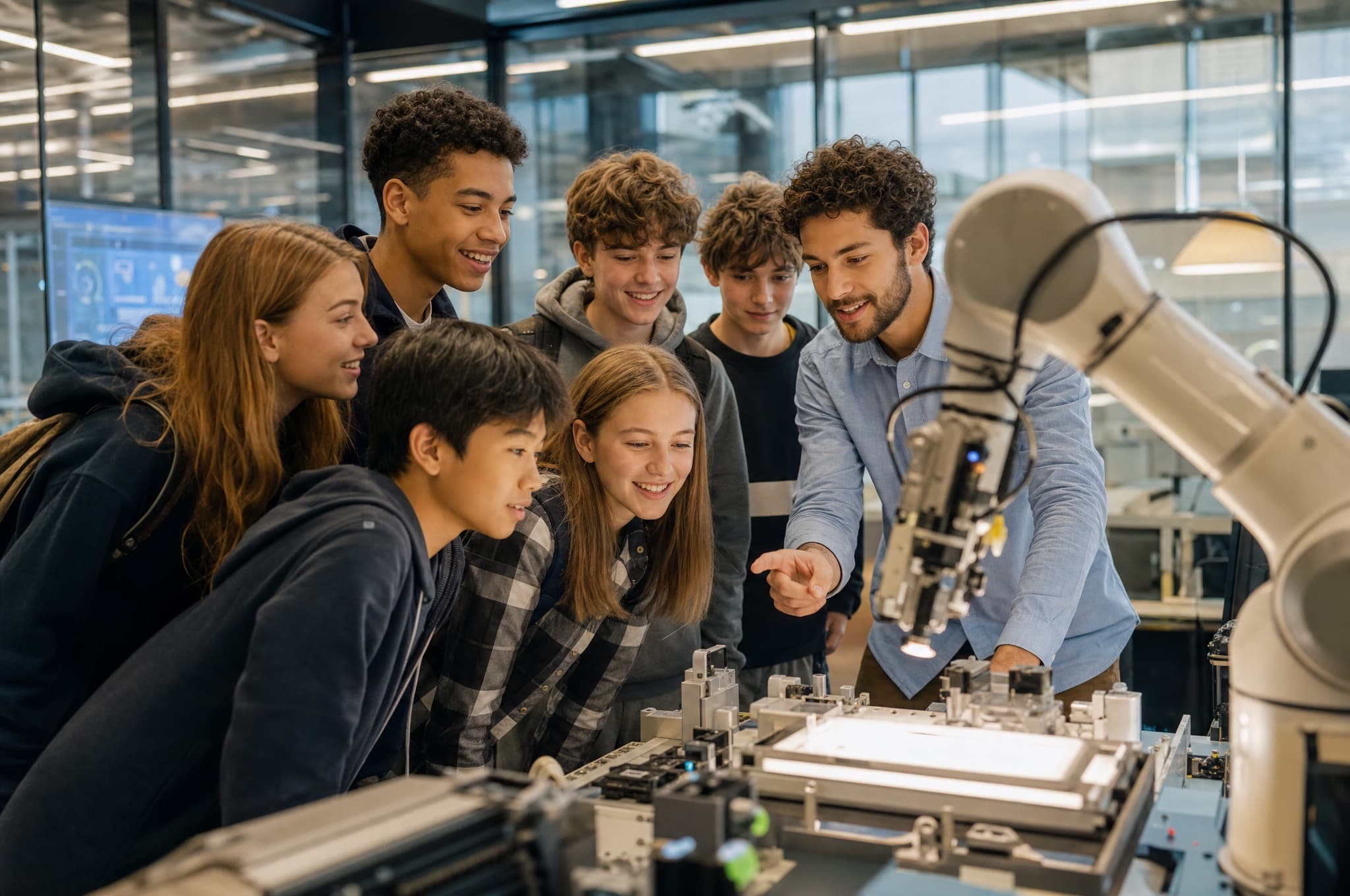 Teenagers on a field trip inside a tech company with an engineer showing them equipment