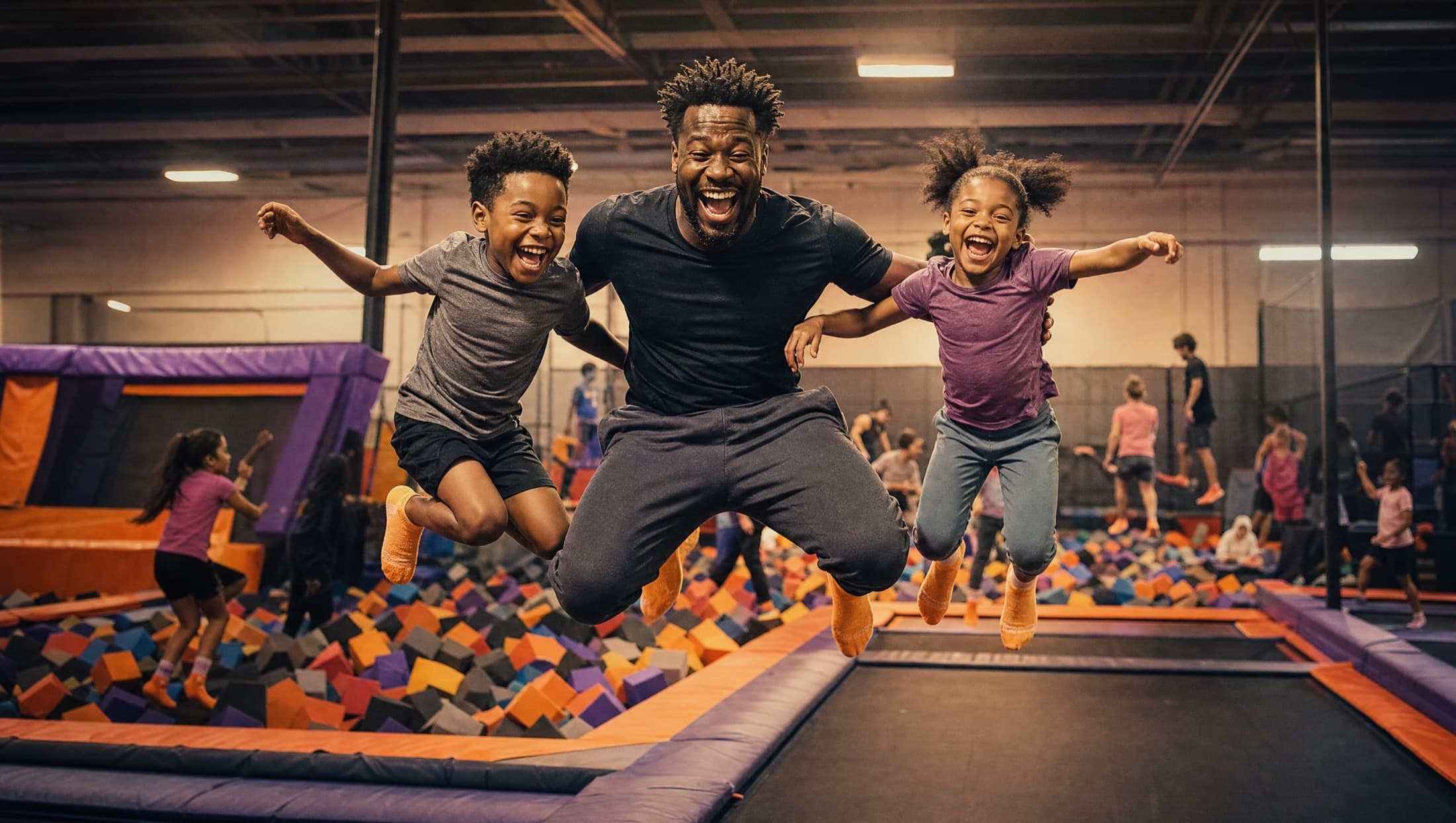 A family mid-air at a trampoline park, everyone laughing at the top of the bounce
