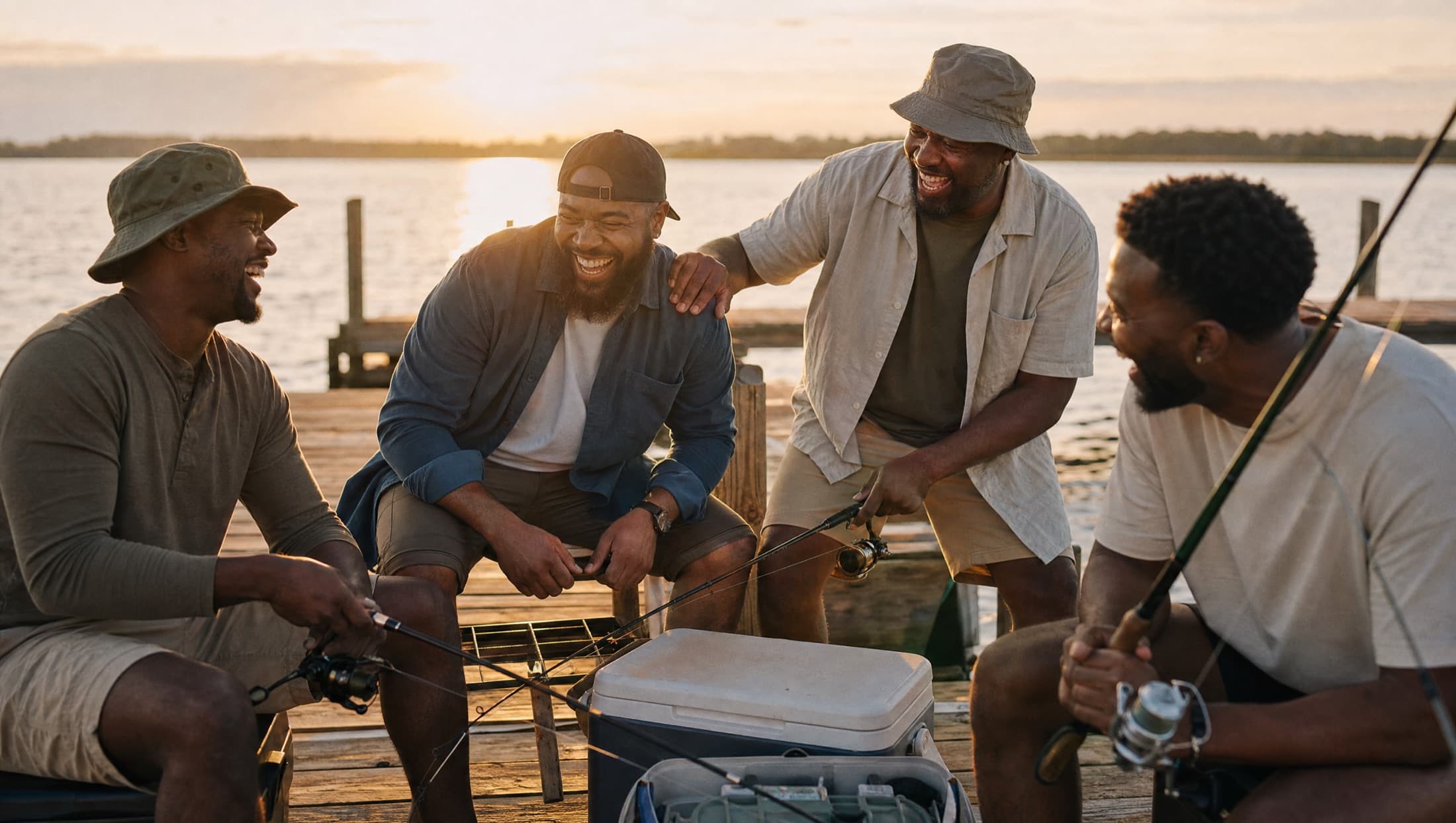 A group of fathers fishing off a pier at golden hour, lines in the water, laughing together