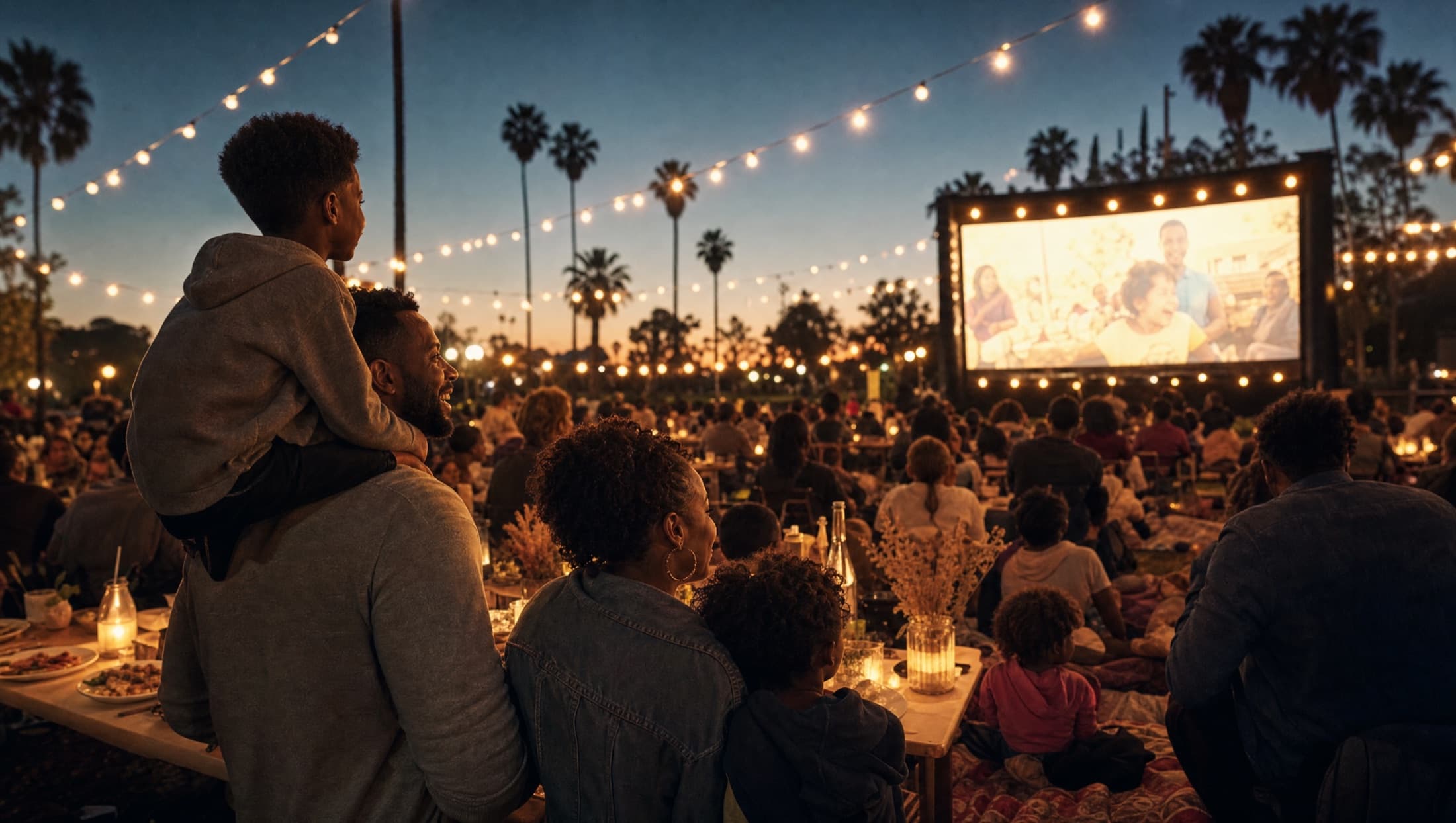 Families at long candlelit dinner tables under string lights, watching a glowing outdoor movie screen at dusk