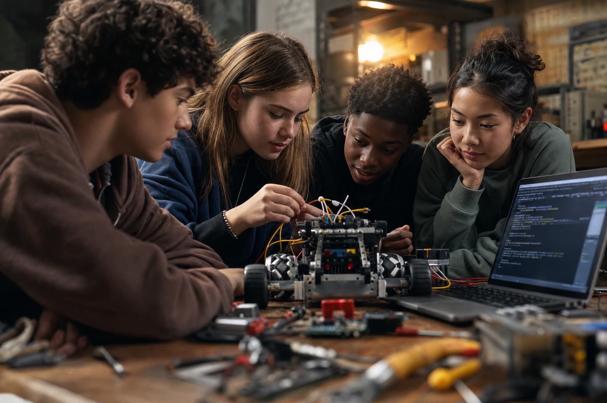 Teenagers gathered around a table building and programming a robot together