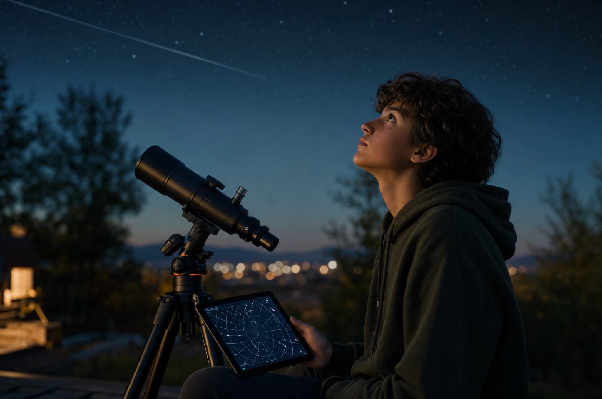 A teenager looking through a telescope at night, tablet in hand tracking a satellite overhead